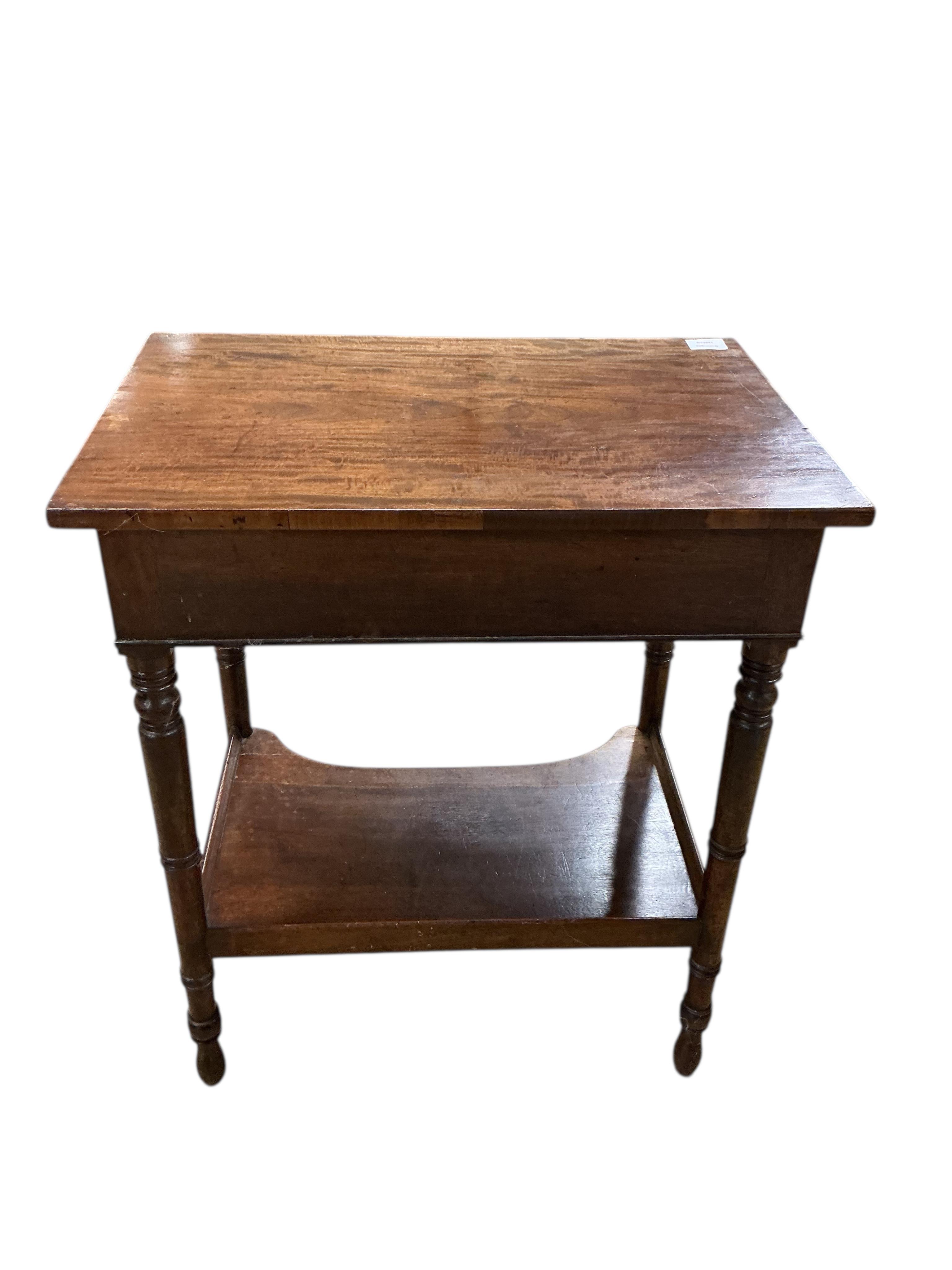 A Regency rectangular mahogany two tier side table, width 62cm, depth 41cm, height 74cm